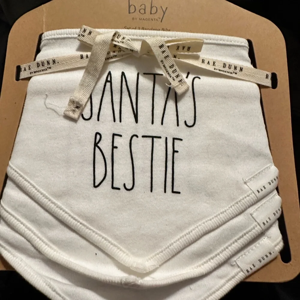 NWT Rae Dunn Baby Bandana Bibs - Santa's Bestie White, Elf Squad in Green
